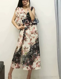 Fashion White Floral Print V-neck Split Dress