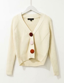 Fashion Beige Textured Plush Button Short Knitted Cardigan