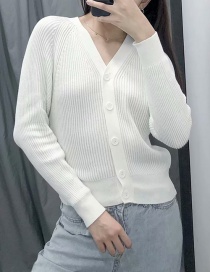 Fashion White Ribbed Knit Single-breasted V-neck Sweater Cardigan