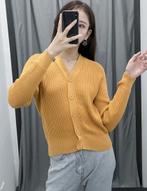 Fashion Yellow Ribbed Knit Single-breasted V-neck Sweater Cardigan