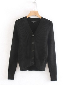 Fashion Black Ribbed Knit Single-breasted V-neck Sweater Cardigan