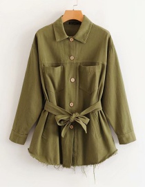 Fashion Army Green Belted Lapel Single-breasted Frayed Coat