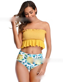 Fashion Yellow Smocked High Waist Ruffle Split Swimsuit For Adults