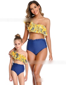 Fashion Yellow Ruffled Printed High Waist Flashing One-shoulder Split Swimsuit For Children