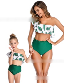 Fashion Green Ruffled Printed High Waist Flashing One-shoulder Split Swimsuit For Children