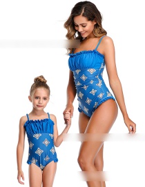Fashion Sapphire Pleated Printed Ruffled One-piece Swimsuit For Children