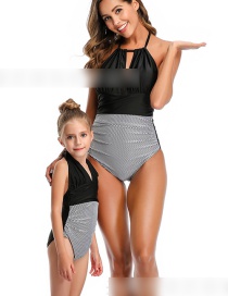 Fashion Black Halter Stitching Contrast Color Pleated One-piece Swimsuit For Children