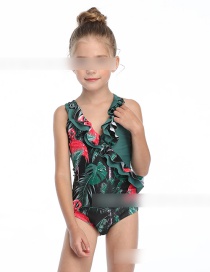 Fashion Green Ruffled Flamingo Print One Piece Swimsuit For Children