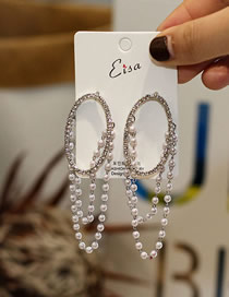 Fashion Silver Pearl Oval Tassel Earrings With Diamonds