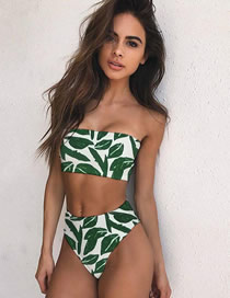 Fashion Green Leaves Foliage Printed Tube Top High Waist Split Swimsuit