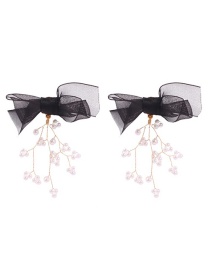 Fashion Black Mesh Bow Pearl Twig Earrings