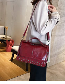 Fashion Red Wine Studded Zipped Shoulder Bag