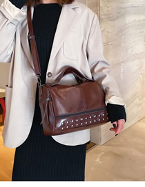 Fashion Brown Studded Zipped Shoulder Bag