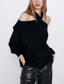 Fashion Black Halter-paneled Off-the-shoulder Loose-fit Sweater
