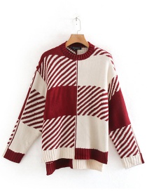 Fashion Red Plaid Stitching Sweater