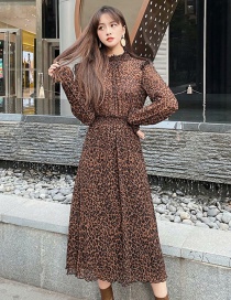Fashion Brown Leopard Print Pleated Loose Dress