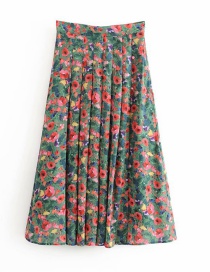 Fashion Color Flower Print Pleated Skirt