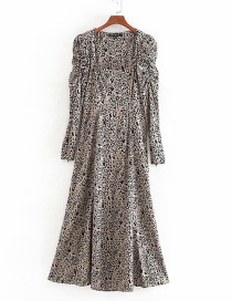 Fashion Color Leopard Print Square Collar Puff Sleeve Dress