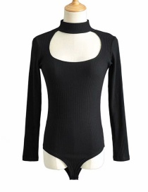Fashion Black Round Neck Chest Cutout Slim Bodysuit