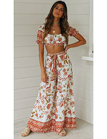 Fashion Suits On White Flower Print Square Tie Belt Tops Pants Two-piece