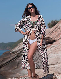 Fashion Apricot V-neck Leopard Chiffon Cropped Sleeve Sunscreen