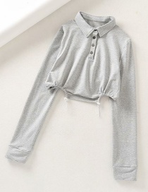 Fashion Gray Polo Shirt Collar Irregular Drawstring Short Sweater