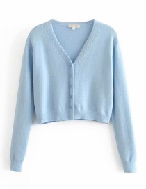 Fashion Light Blue Knit V-neck Single-breasted Sweater