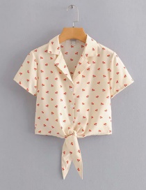 Fashion Cream Color Cherry Print Lapel Shirt
