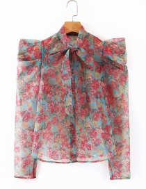 Fashion Red Floral Print Lace Up Organza Shirt