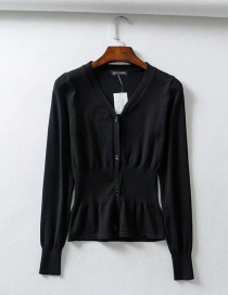 Fashion Black Knitted V-neck Single-breasted Waist Sweater Cardigan