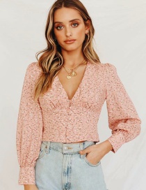 Fashion Pink Flower Print Deep V-neck Single-breasted Shirt