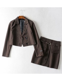 Fashion Coffee Bar Striped Double-breasted Suit + Single-breasted Skirt Suit