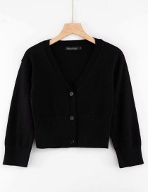 Fashion Black V-neck Single-breasted Knitted Cardigan With Three-quarter Sleeves And Three Buttons