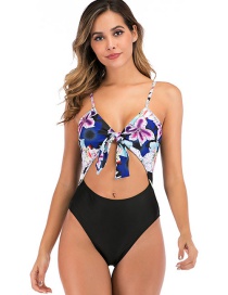 Fashion Blue Printed Lace Up One Piece Swimsuit