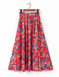 Fashion Red Flower Print High Waist Tie Skirt