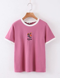 Fashion Purple Embroidered Flower Crew Neck T-shirt