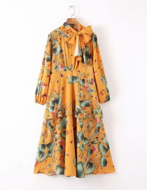 Fashion Yellow Flower Print Lace Dress