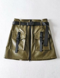 Fashion Army Green Belt Stitching Pu Leather Skirt