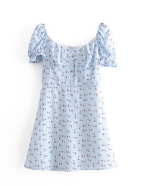 Fashion Blue Puff Sleeve Little Rose Print Dress
