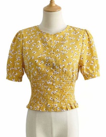 Fashion Yellow Hem Elasticated Floral Print Shirt
