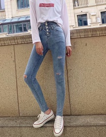 Fashion Blue Washed High Waist Breasted Pencil Denim Cropped Pants