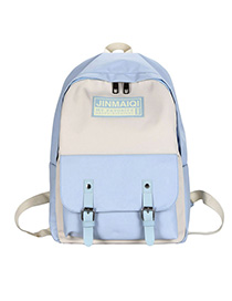 Fashion Blue Large Contrast Stitching Belt Buckle Backpack