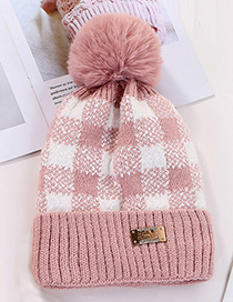 Fashion Pink Color-block Plaid Plush Ball-trimmed Knitted Hat