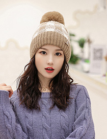 Fashion Khaki Color-block Plaid Plush Ball-trimmed Knitted Hat