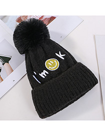 Fashion Black Embroidered Smiley Letters Plus Velvet Knitted Hat