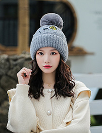 Fashion Gray Embroidered Smiley Letters Plus Velvet Knitted Hat