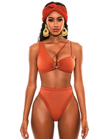 Fashion Pure Orange Mesh One-shoulder High Waist Split Swimsuit