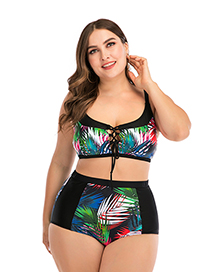 Fashion Colored Leaves Patched Leaf Print Tether Straps Plus Size High Waist Split Swimsuit