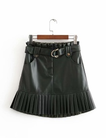 Fashion Green Small Pleated Faux Leather Belt Skirt