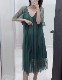 Fashion Green Tulle Pleated V-neck Dress